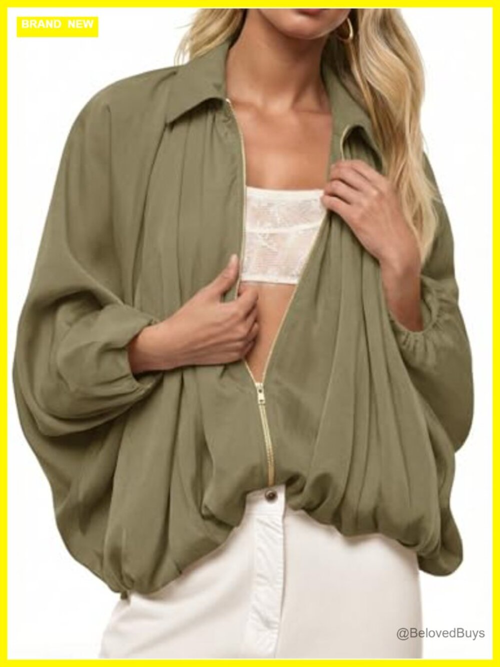 Women's Oversized Batwing Puffed Zip Up Bomber Jacket